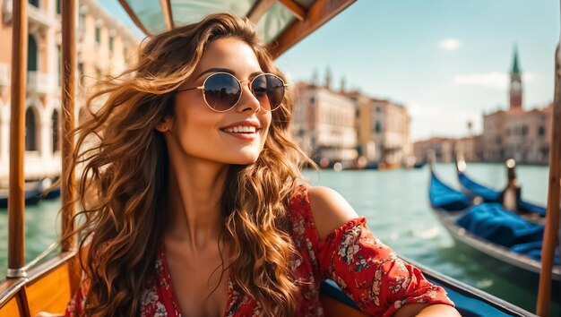 Una ragazza con gli occhiali da sole e un vestito da sera cavalca una gondola a Venezia