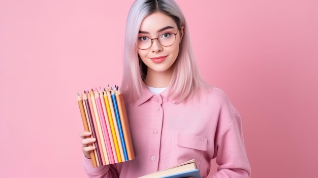 Una ragazza con gli occhiali in possesso di un libro e uno sfondo rosa