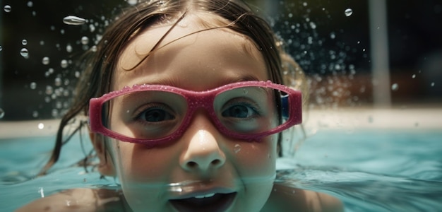 Una ragazza con gli occhiali rosa nuota in una piscina.