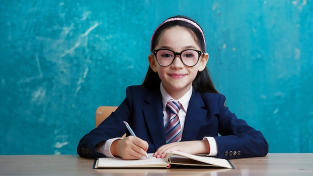 una ragazza con gli occhiali si siede a un tavolo con un libro e una penna
