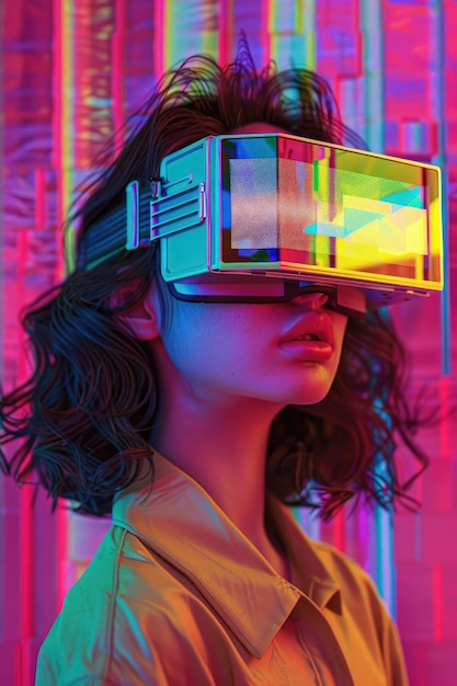 Una ragazza con grandi occhiali VR al neon su uno sfondo astratto