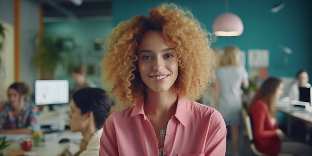 Una ragazza con i capelli arancioni e una maglietta rosa