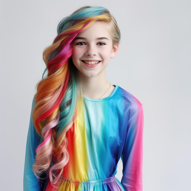 una ragazza con i capelli arcobaleno che indossa un vestito color arcobaleno.