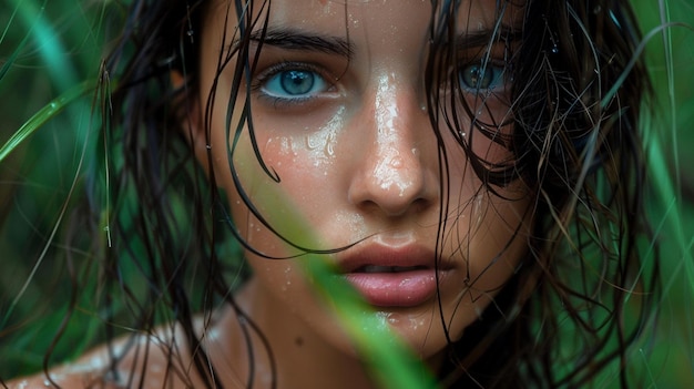 una ragazza con i capelli bagnati e gli occhi blu è in acqua