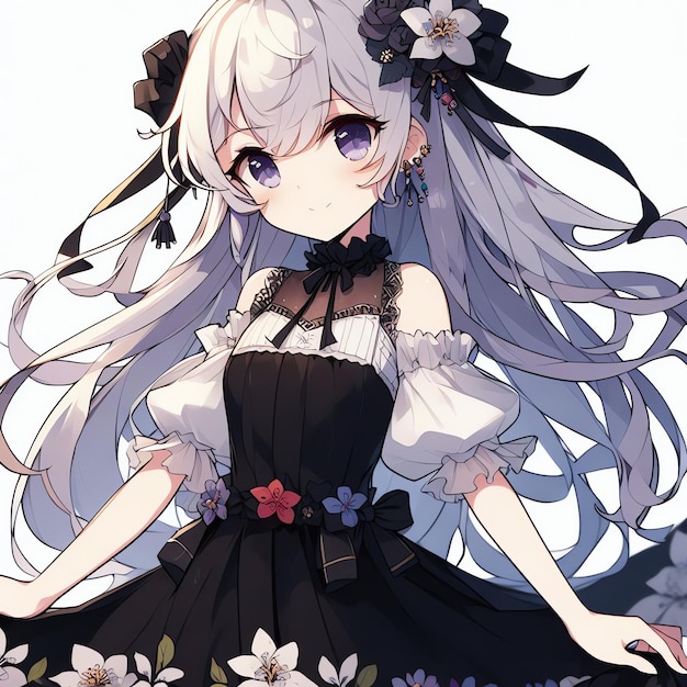 Una ragazza con i capelli bianchi e un vestito nero con fiori sul fondo