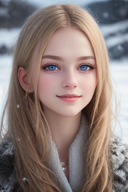 Una ragazza con i capelli biondi e gli occhi blu si trova in un paesaggio innevato.