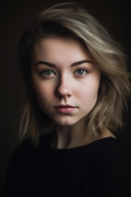 Una ragazza con i capelli biondi e un maglione nero sta guardando la telecamera.