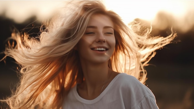 Una ragazza con i capelli biondi sorride e sorride.