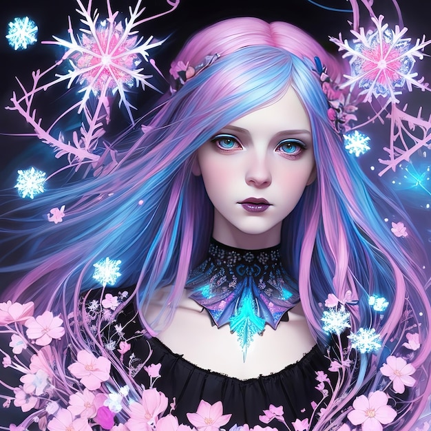 Una ragazza con i capelli blu e capelli rosa con fiori sullo sfondo.