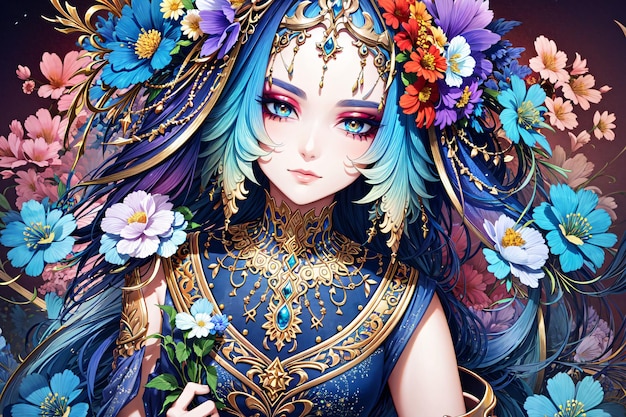 Una ragazza con i capelli blu e i capelli blu con fiori in testa.