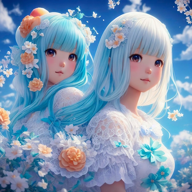 Una ragazza con i capelli blu e un fiore sullo sfondo