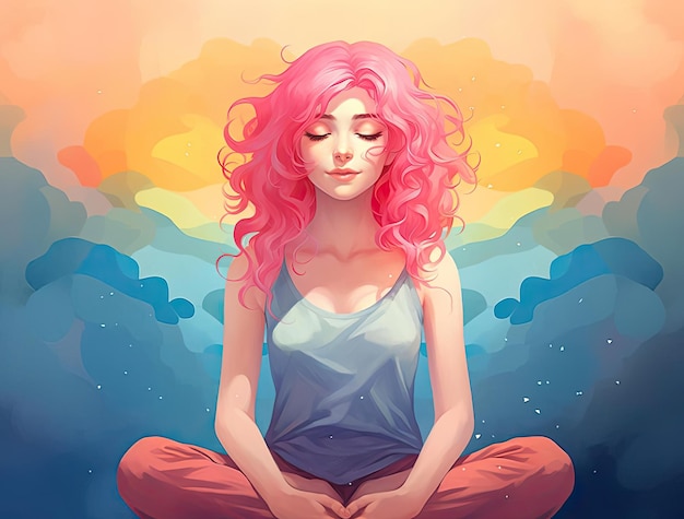 una ragazza con i capelli blu sta facendo yoga e ha un arcobaleno circondato nelle sue mani