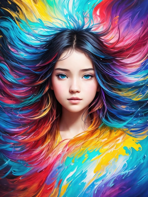 Una ragazza con i capelli colorati viene mostrata con i capelli color arcobaleno.