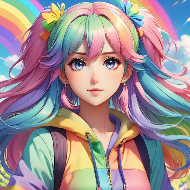 Una ragazza con i capelli dell'arcobaleno e un cappuccio color arcobaleno