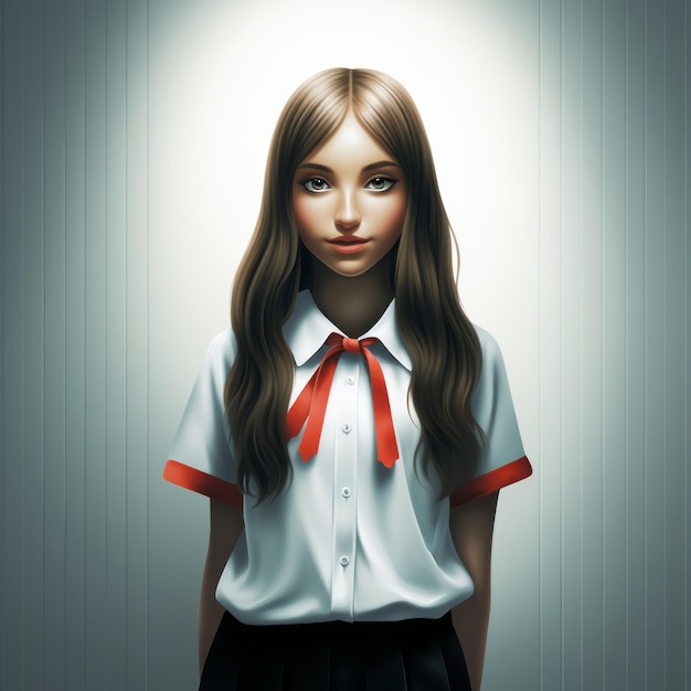 una ragazza con i capelli lunghi che indossa una camicia bianca e una cravatta rossa