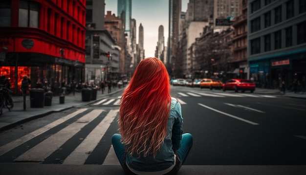 Una ragazza con i capelli lunghi e rossi sta con la schiena per strada in città IA generativa
