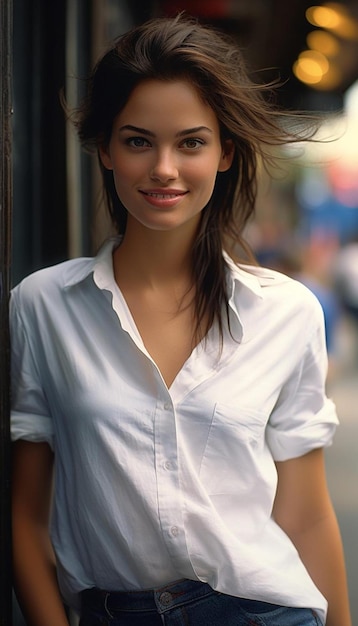 una ragazza con i capelli lunghi e un cappello è in piedi davanti a un muro.