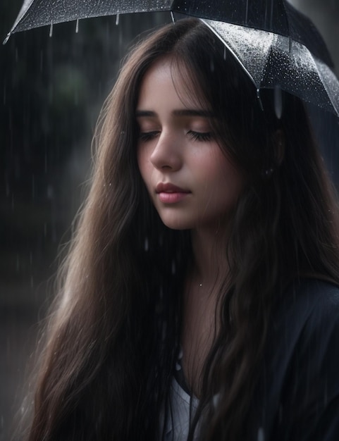 una ragazza con i capelli lunghi e un cappello è in piedi sotto un ombrello.