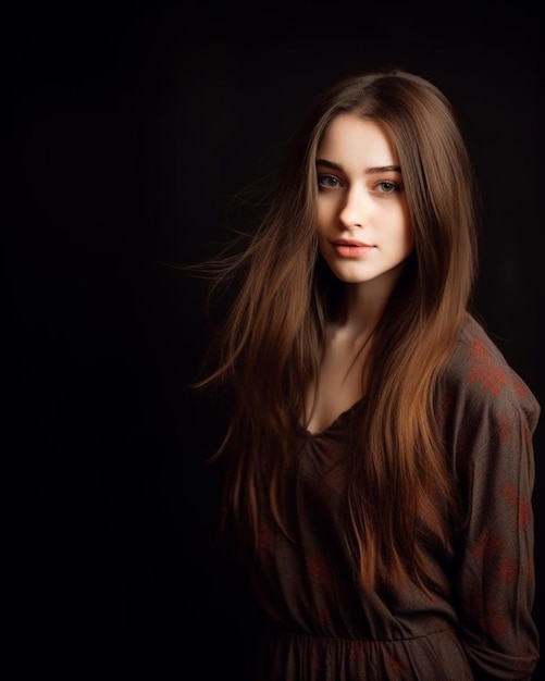 Una ragazza con i capelli lunghi e un maglione su uno sfondo nero