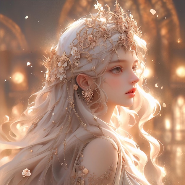 una ragazza con i capelli lunghi e un vestito bianco con fiori dorati in testa