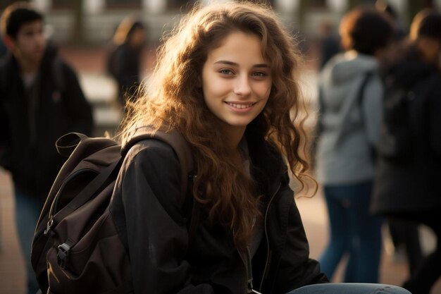 una ragazza con i capelli lunghi e una giacca sulla nuca