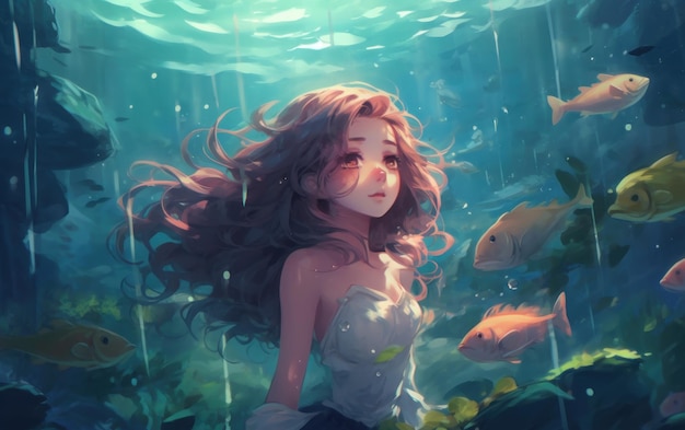 Una ragazza con i capelli lunghi nuota sott'acqua Carta da parati in stile anime