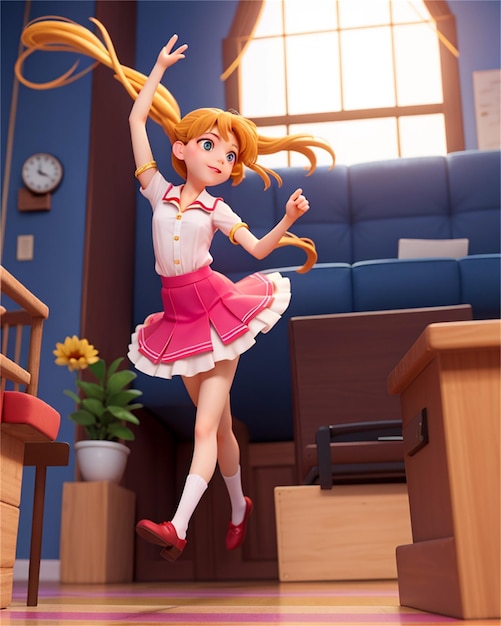 una ragazza con i capelli lunghi salta su una scala con un orologio sullo sfondo.