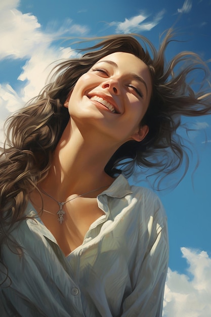 Una ragazza con i capelli lunghi sorride e il cielo è blu e il sole splende.