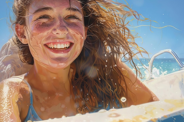 Una ragazza con i capelli lunghi sta sorridendo e seduta su una zattera bianca nell'oceano