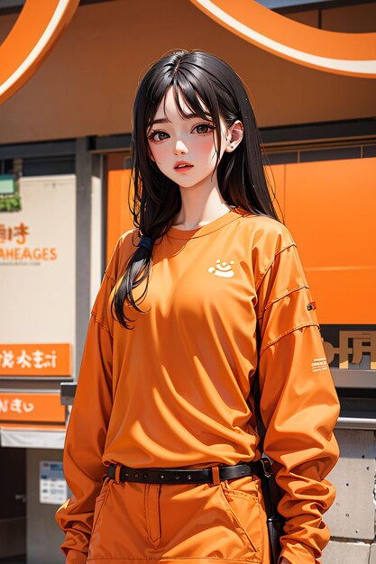 una ragazza con i capelli neri e una camicia a maniche lunghe arancione