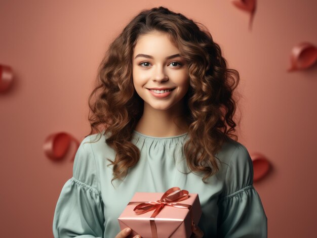 una ragazza con i capelli ricci che tiene un regalo con un cuore sullo sfondo