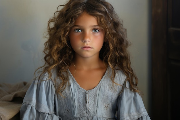una ragazza con i capelli ricci e gli occhi blu