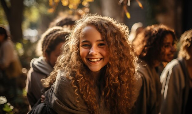 una ragazza con i capelli ricci sorride alla telecamera con altre persone sullo sfondo