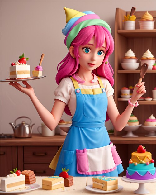 una ragazza con i capelli rosa che tiene un vassoio di dessert con una torta sopra.
