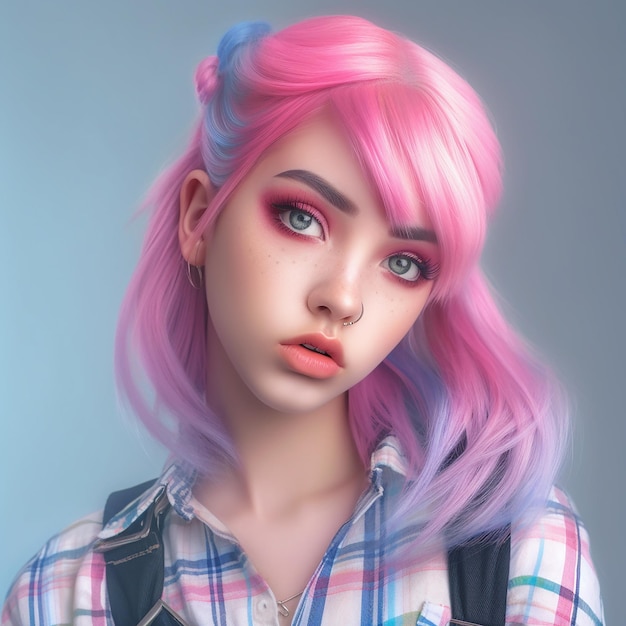 una ragazza con i capelli rosa e blu e un eyeliner rosa.