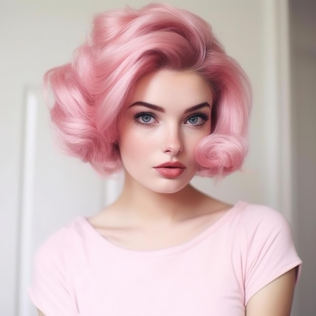 Una ragazza con i capelli rosa e una parrucca rosa