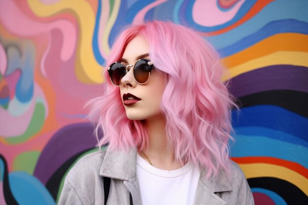 Una ragazza con i capelli rosa si trova davanti a un colorf