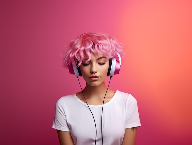 Una ragazza con i capelli rosa sta ascoltando musica con le cuffie su uno sfondo rosa.