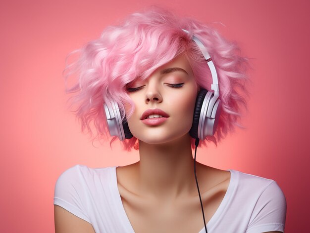 Una ragazza con i capelli rosa sta ascoltando musica con le cuffie su uno sfondo rosa.