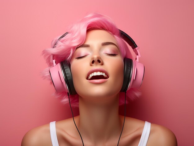 Una ragazza con i capelli rosa sta ascoltando musica con le cuffie su uno sfondo rosa.