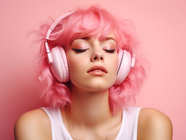 Una ragazza con i capelli rosa sta ascoltando musica con le cuffie su uno sfondo rosa.