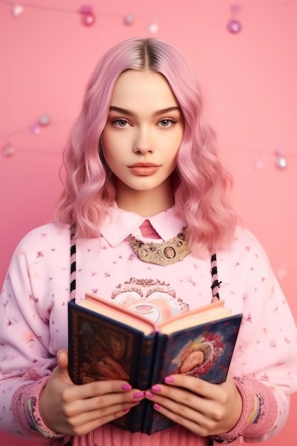 Una ragazza con i capelli rosa tiene in mano un libro che dice "il segreto".