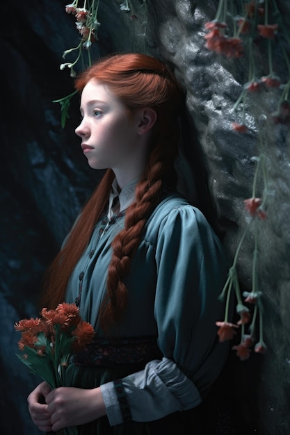 Una ragazza con i capelli rossi e gli occhi azzurri si trova davanti a un muro con dei fiori.