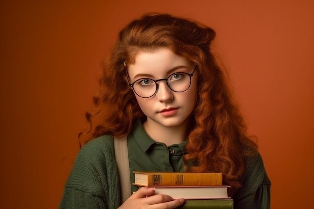 Una ragazza con i capelli rossi e gli occhiali tiene una pila di libri.