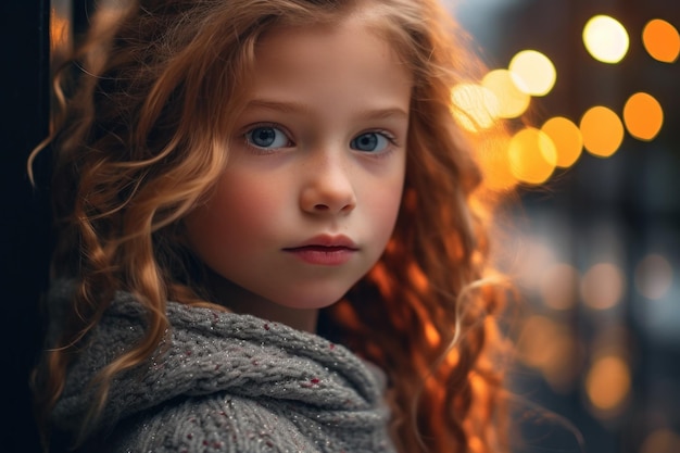 Una ragazza con i capelli rossi e un maglione grigio guarda nella telecamera.