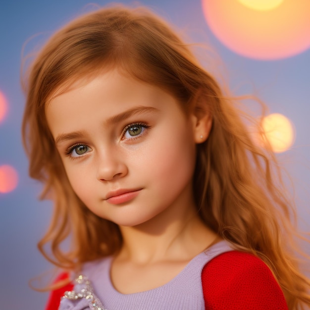 Una ragazza con i capelli rossi e un maglione viola con un maglione rosso.