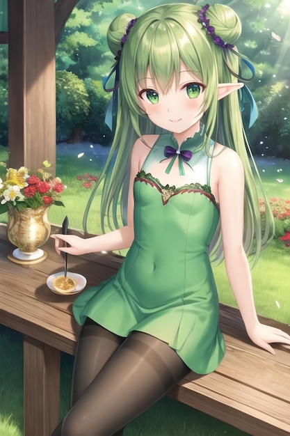 Una ragazza con i capelli verdi si siede su una panca di legno in un giardino.