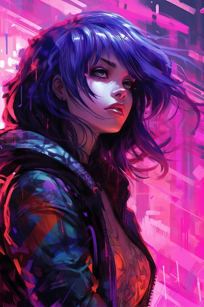 Una ragazza con i capelli viola e i capelli viola guarda in lontananza