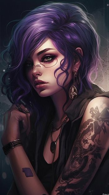 Una ragazza con i capelli viola e un tatuaggio sul braccio