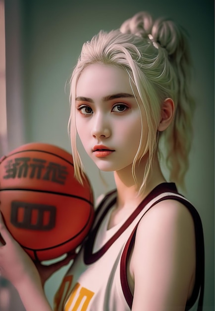 Una ragazza con in mano un pallone da basket con sopra la parola puffo